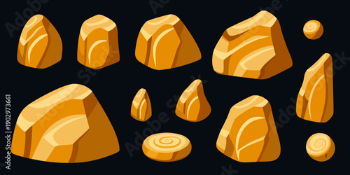 Stylized golden rocks and stones arranged on a dark background