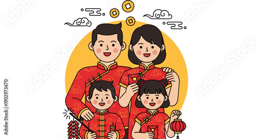 Happy Asian Family in Traditional Clothing.