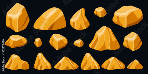 Stylized golden gems and nuggets scattered on a dark background