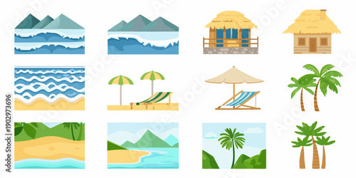 Colorful vector icons depicting tropical scenes beaches and vacation elements