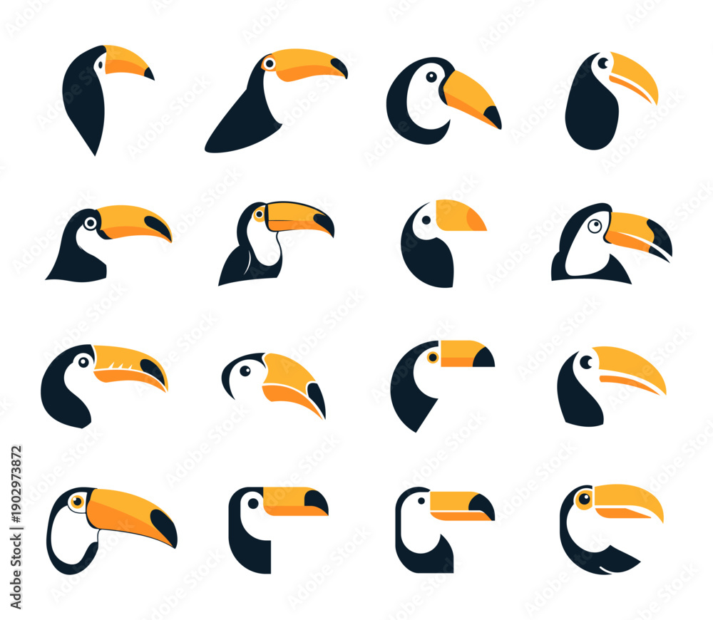Naklejka premium Toucan head icon flat logo set isolated gaphic
