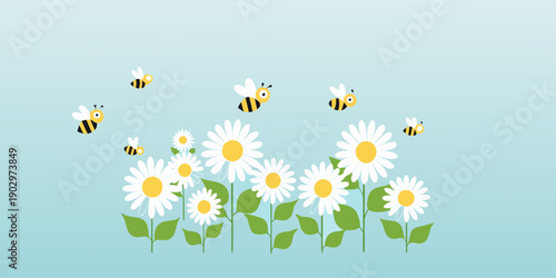 Cartoon illustration of daisies and bees on a light blue background