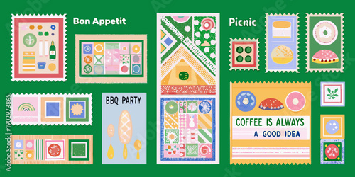 Colorful collection of stylized postage stamps with food and picnic themes