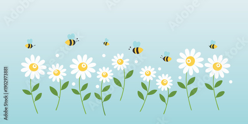 Delicate daisies and buzzing bees against a soft blue background