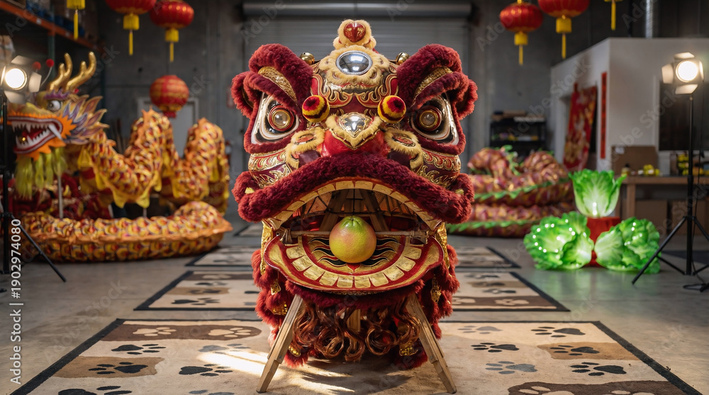 Obraz premium Vibrant lion dance head with red and gold details in workshop