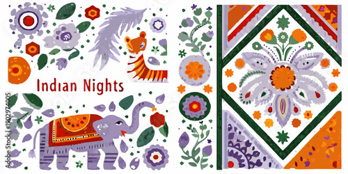 Colorful folk art depicting elephants foxes and floral motifs