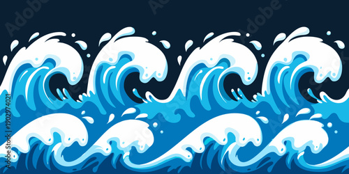 Stylized blue waves with white foam crests against a dark background