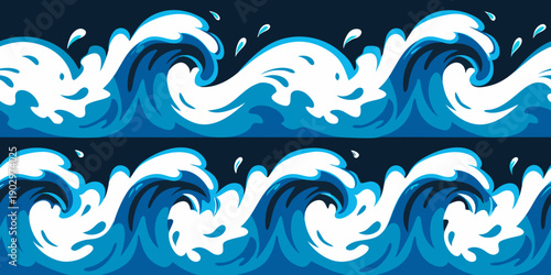 Stylized repeating pattern of blue ocean waves on a dark background