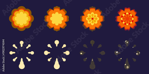 Four stages of explosion and impact with accompanying debris elements