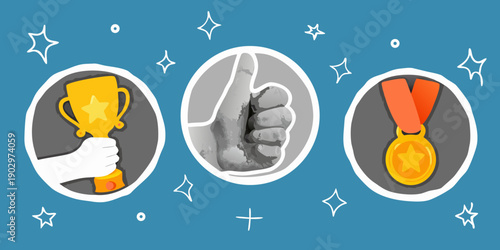 Achievements and success a trophy thumbs up and medal illustration