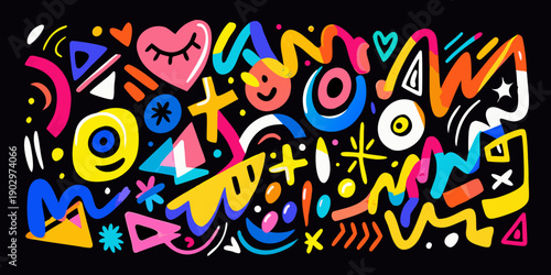 Colorful abstract doodle art with various shapes and playful elements