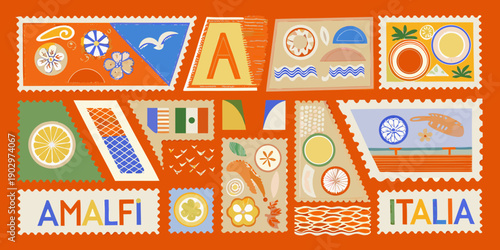 Obraz na plátně Colorful postage stamps arranged in a collage featuring italian motifs