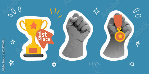 Illustrative design featuring awards trophies and a first place ribbon