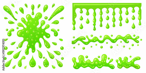 Bright green slime splashes and drips isolated vector elements