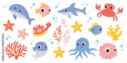 Colorful cartoon marine life illustration with whales sharks and coral