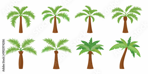 Collection of stylized tropical palm trees in varying shades of green
