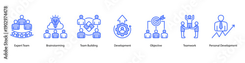 Team Development web banner vector illustration featuring Expert Team, Brainstorming, Team Building, Development, Objective, Teamwork, and Personal Development.