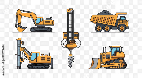 Collection of construction machinery and heavy equipment vehicles for industry and civil engineering projects