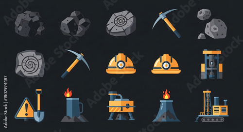 Mining and Exploration Equipment and Resources Icons Set