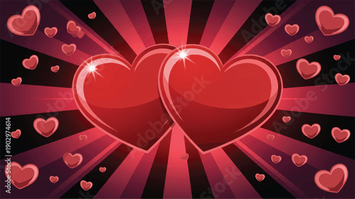 Glossy red hearts illustration radiating love with small hearts and light rays, perfect for Valentine's Day