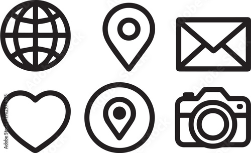 Black outline globe mail heart camera location pins