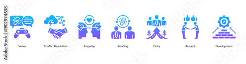 Team Unity web banner vector illustration featuring Games, Conflict Resolution, Empathy, Bonding, Unity, Respect, and Development.