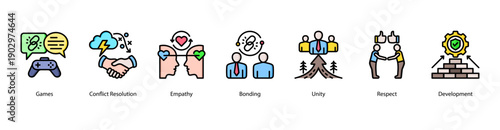 Team Unity web banner vector illustration featuring Games, Conflict Resolution, Empathy, Bonding, Unity, Respect, and Development.