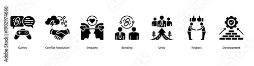 Team Unity web banner vector illustration featuring Games, Conflict Resolution, Empathy, Bonding, Unity, Respect, and Development.