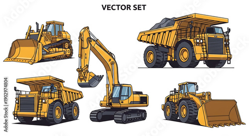 Heavy duty yellow construction vehicles vector set including excavator dump trucks and bulldozers on white background