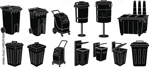 Set of black trash bins and waste containers silhouettes including recycling bins, industrial garbage cans, street litter bins and wheeled waste collection containers