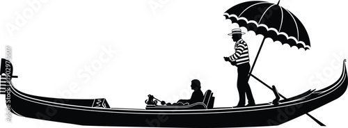 Venetian gondola silhouette with gondolier and passenger on calm canal illustrating romantic travel, Italian culture, classic water transport, luxury tourism experience, and iconic city scenery