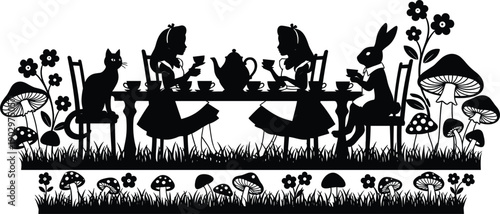 Whimsical tea party silhouette with girls, rabbit, cat and fantasy garden elements illustrating fairy tale story, imaginative childhood scene, magic wonderland concept, and playful illustration