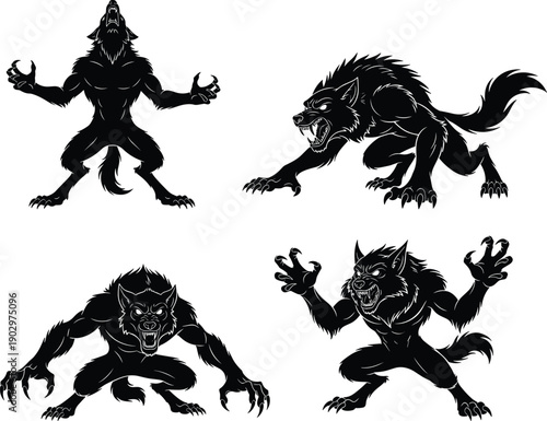 Werewolf silhouette illustration set featuring aggressive monster poses symbolizing horror fantasy, mythological creature design, dark folklore character, 