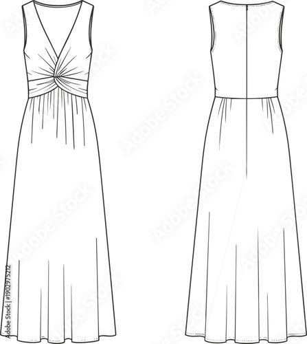 Women's sleeveless V-neck maxi dress technical fashion sketch showing front and back views, elegant gathered waist design, flat vector illustration for apparel design use