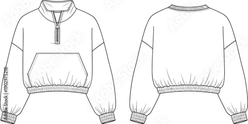Women's cropped sweatshirt technical fashion sketch showing front and back views, half zip collar, elastic hem, long sleeves, flat vector illustration apparel