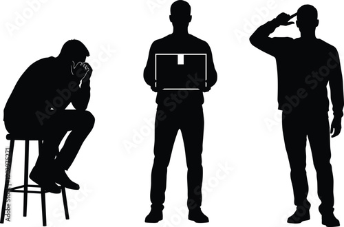 Black and white vector silhouettes of men in various poses including sitting on a stool holding a box and standing while thinking or saluting