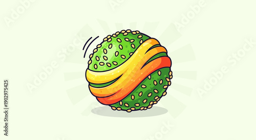 Whimsical green sesame seed bun with vibrant yellow and orange toppings cartoon illustration