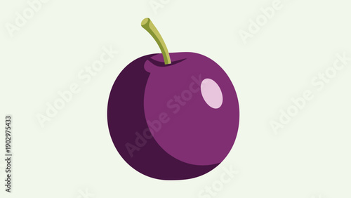A captivating digital illustration of a fresh, ripe purple plum with a vibrant green stem and
