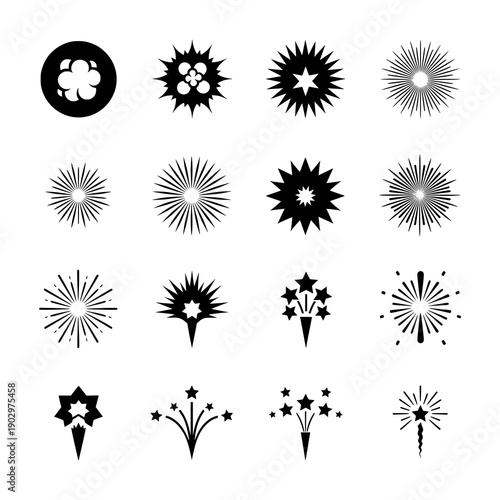 Firework burst icon silhouette black vector celebration symbol set on white background