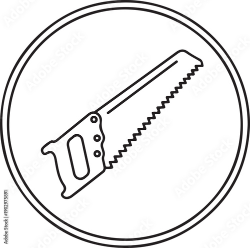 Minimalist black and white line art icon of a hand saw tool placed inside a circular border. isolated on white background, illustration