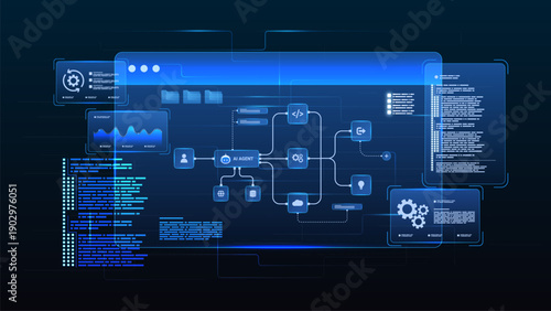AI workflow automation artificial intelligence. ai agent network diagram dashboard machine learning with data processing system, coding, analytics panels and automation syteps.
