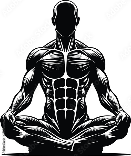illustration of a muscular man in a meditative pose representing fitness and well-being isolated isolated on white background