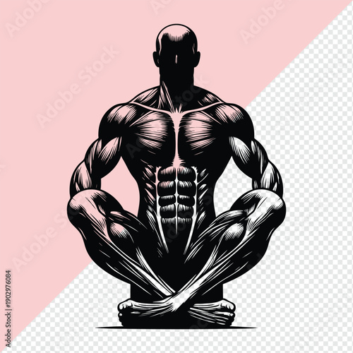 illustration of a muscular male figure in a seated meditation pose detailed musculature and definition concept for fitness and wellness isolated on white background
