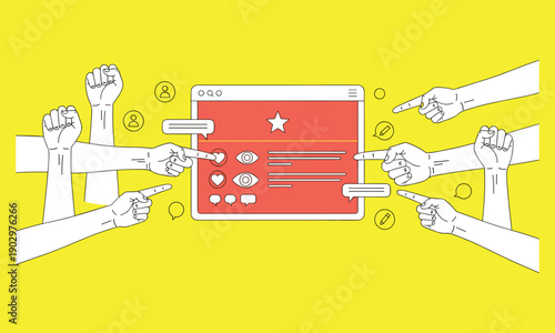 Social media engagement and online feedback concept illustration with hands pointing at digital interface, likes comments ratings, user interaction, content review, and modern community discussion