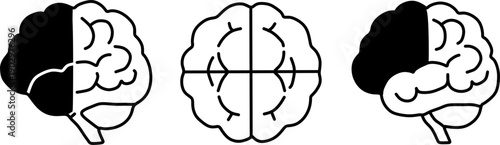 Set of human brain outline icons without fill. Clean line vector illustration for medical, science, neurology, anatomy, education, and healthcare design.