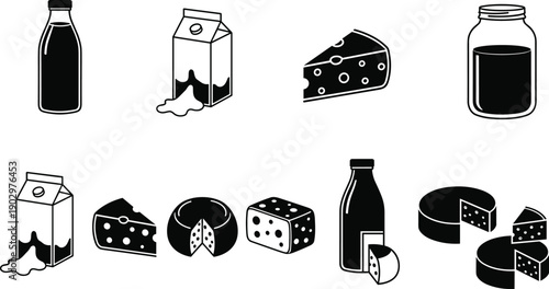 Black and white dairy food icons set featuring milk bottles cartons cheese wedges wheels and jars isolated minimal flat vector illustration design