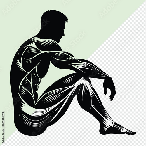 Silhouette of a muscular man with detailed sitting pose representing strength and fitness isolated on a light background isolated on white background