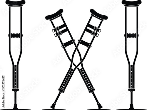 Black and white medical crutches silhouettes showing standing and crossed positions isolated minimal flat vector illustration for healthcare mobility and injury recovery