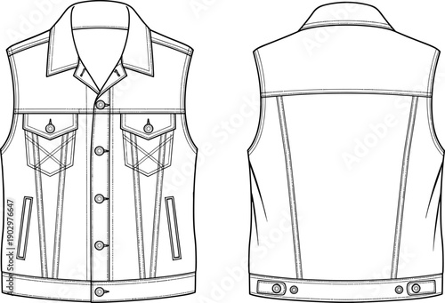 Denim vest technical fashion illustration with button front, flap pockets, collar, front and back view flat garment design for apparel production