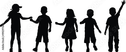 Group of children silhouettes walking and playing together, kids friendship concept, childhood activity, teamwork, education, happiness and diversity isolated on white background